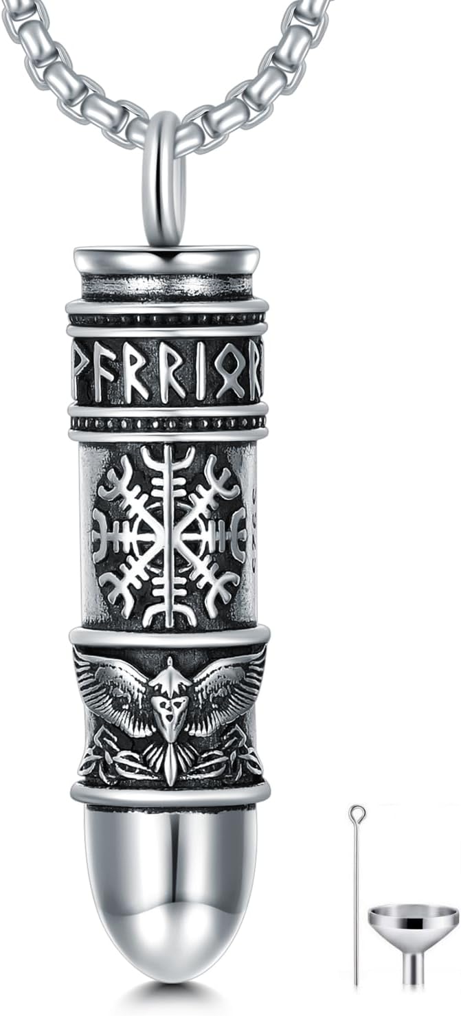 SIMONLY Bullet Urn Necklaces for Ashes 925 Sterling Silver Lion Eagle Compass Tree of Life Necklace Viking Warrior Leo Cremation Jewelry for Men Women Unisex