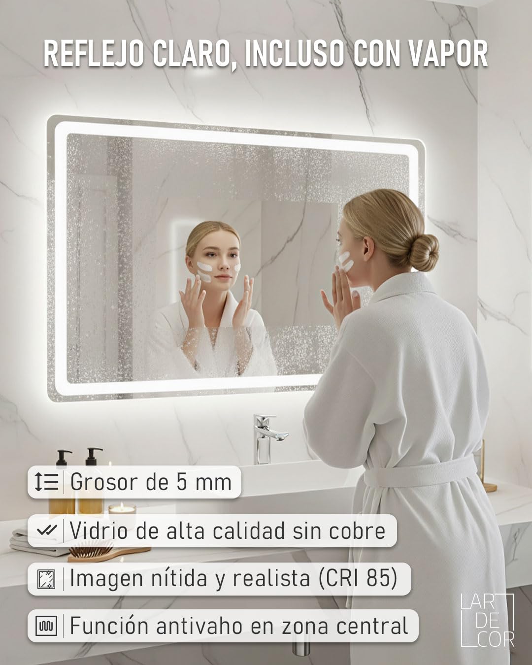 Espejo con Bluetooth y Luz LED Tipo 2 Regulable 3000K/4000K/6000K【120 x 70 cm】 Función Antivaho, Modelo Horizontal de Pared con Interruptor Táctil, Instalación Fácil