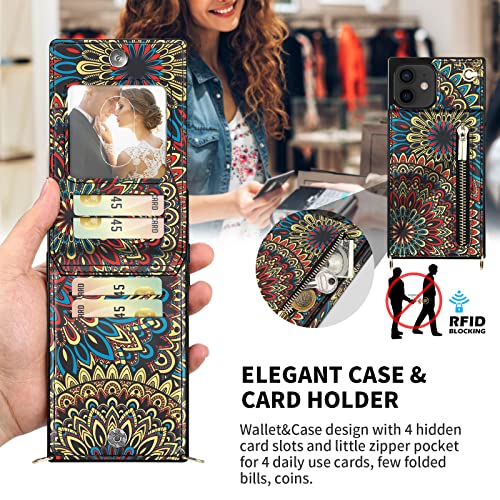 Hoggu Crossbody Iphone 12/12Pro Case Wallet With Card Holder, Floral Leather Iphone 12/12Pro Crossbody Case With Strap, Kickstand, Zipper Purse, Protective Square Phone Case Cover For Women-Mandala #TOP1