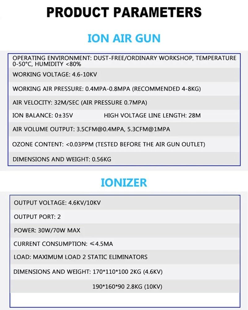 Pistolet pneumatyczny jonizujący, antystatyczny pistolet odkurzający do usuwania statycznego, generator wysokiego napięcia 4,6/10 kV, ciśnienie powietrza roboczego 0,4-0,8 MPa