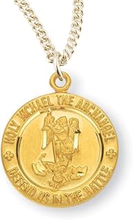 Heartland Store Women's Dainty 16kt Gold Over Sterling Silver Round Saint Michael Medal + 18 Inch Gold Plated Chain & Clasp| USA Made