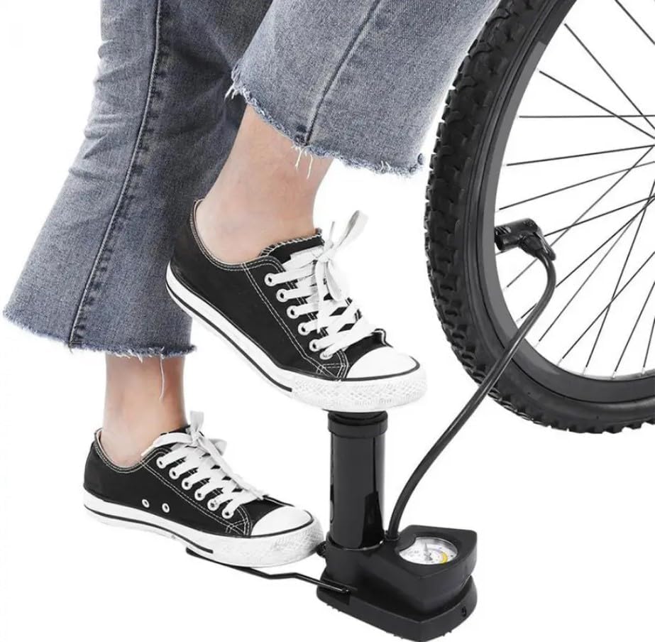 Portable High Pressure Foot Air Pump with Heavy Compressor Cylinder & Pressure Gauge for Bicycle, Car, Motorbike, Football, and Tubeless Tyres | Durable Floor Cycle Pump – Black