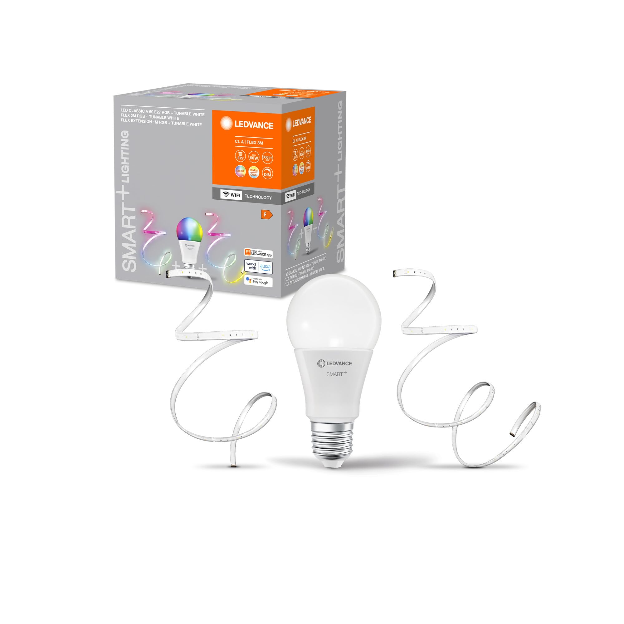 LEDVANCE Smart + Bundle Made of Smart WiFi RGB Lamp + 2M-RGB Light Tape + Matching 1M Extension, Light Color Can Be Changed (2700-6500K), Controllable with Alexa, Google and Smartthings