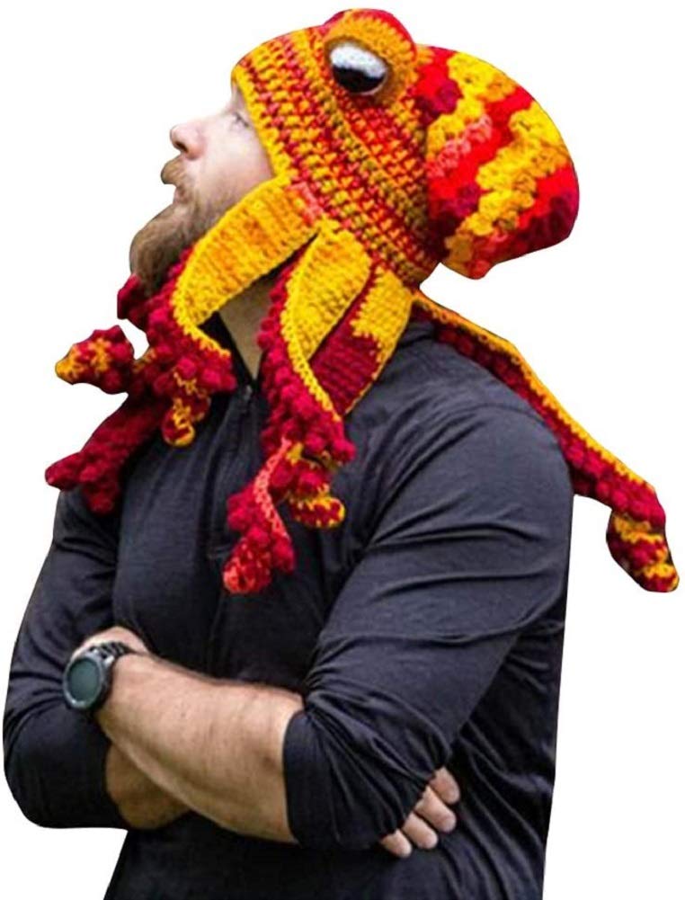 MINHADISI Hand-Knitted Beanie Hat for Adult Unisex Funny Cartoon Octopus Tentacles Eyes Cosplay Hat for Party Accessories (Tip H)
