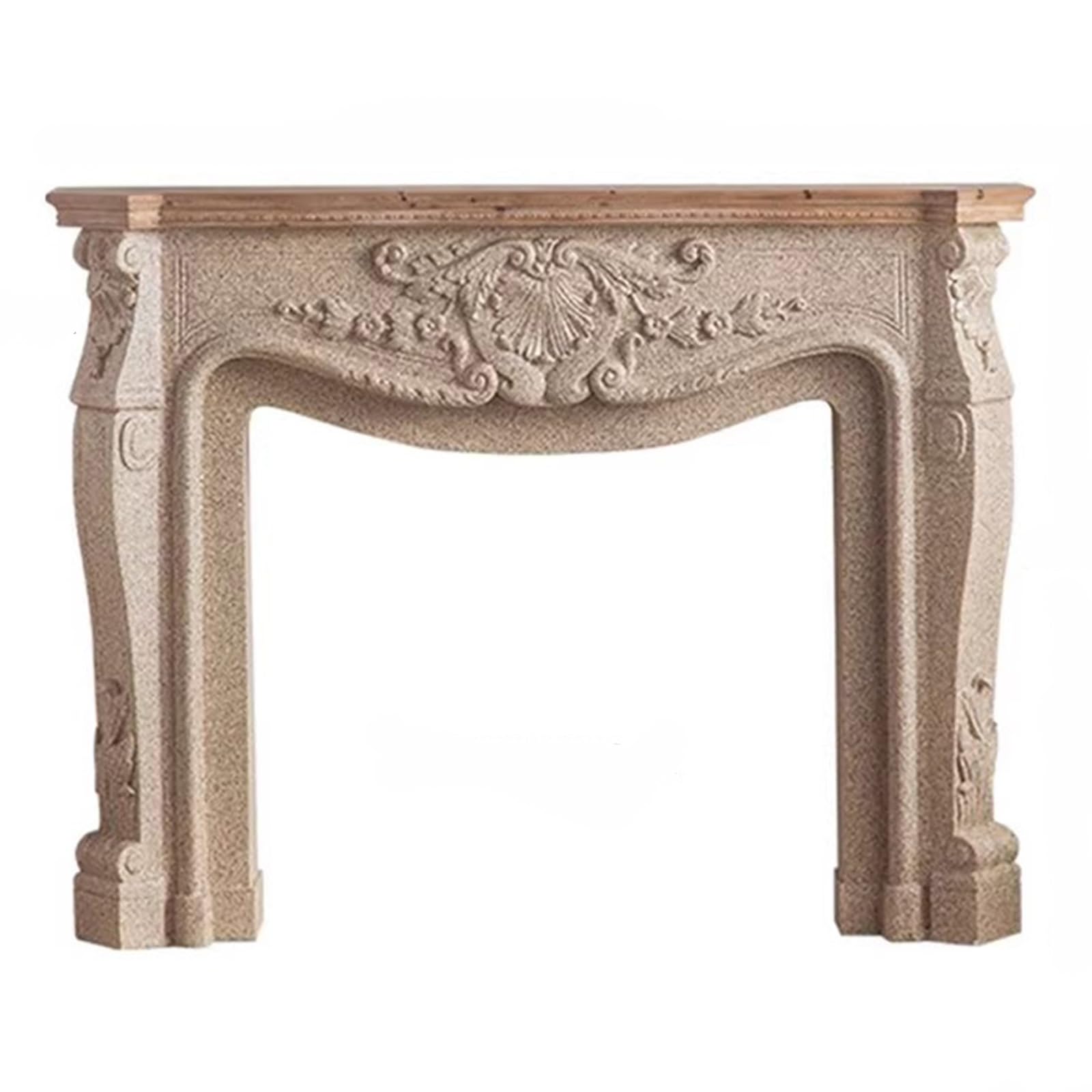 Decorative Ornate Carved French Style Fireplace Mantel with Faux Stone Surround & Fir Wood Top