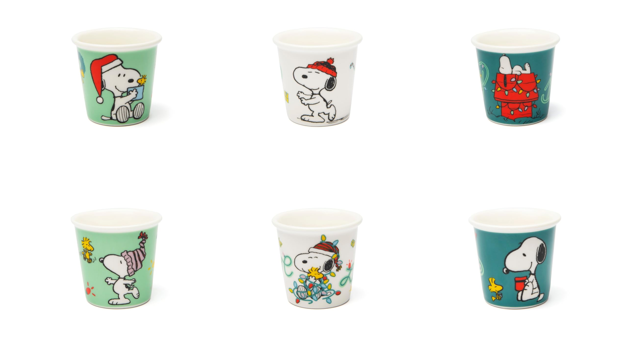 Excelsa Peanuts Shiny & Bright Set mit 6 Espresso-Bechern, Porzellan, Grün und Weiß, verziert mit Weihnachts-Snoopy, 6 x 6 x 6 cm, 90 ml