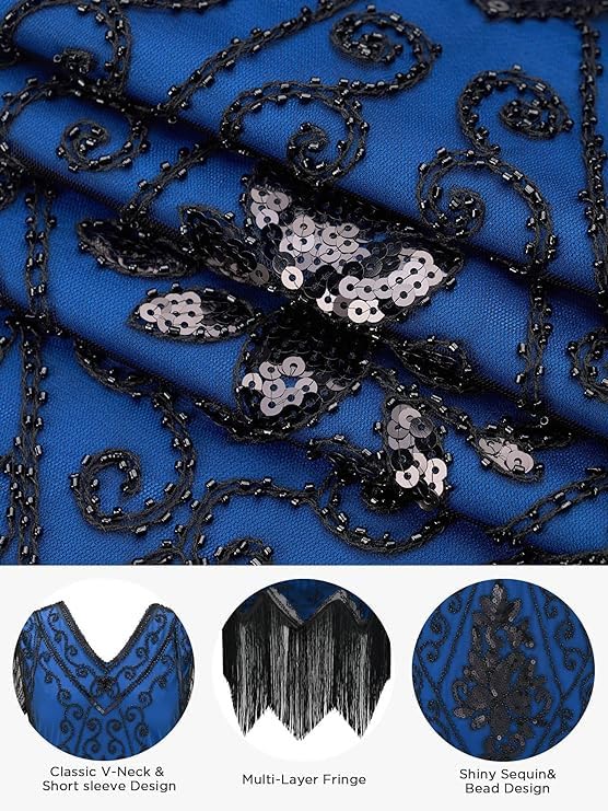 866A - Plus Size 1920s Vintage Fringed Gatsby Sequin Beaded Tassels Hem Flapper Party Prom Cocktail Dress with Accessories3