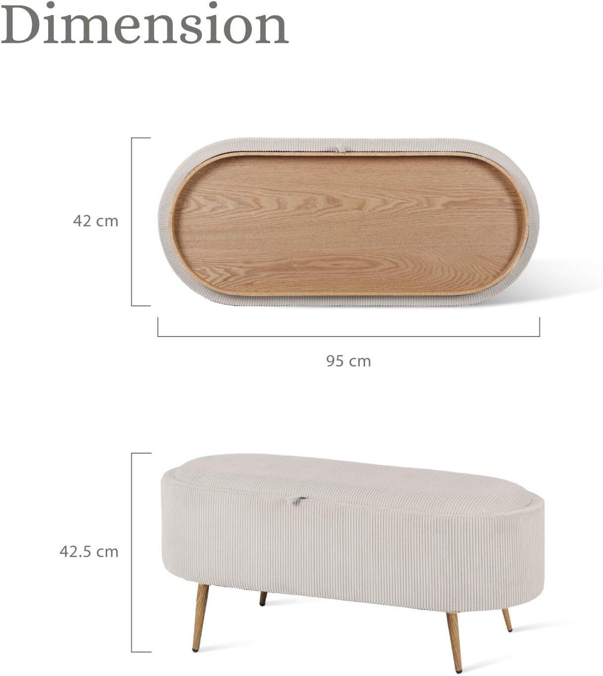 La Bella Coffee Table Storage Ottoman - ESME Cream - Flip-Top Tray Bench with Corduroy Upholstery & Hidden Storage - Padded Blanket Box, Footrest or Seat with Wooden-Look Legs