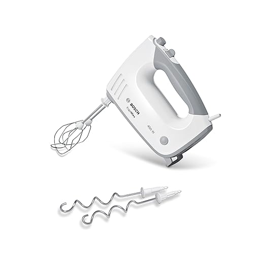 Bosch Ergomixx Handmixer, MFQ36400, 450 Watt, roestvrijstalen gardes en deeghaken, vijf snelheden en een turbofunctie, wit/grijs
