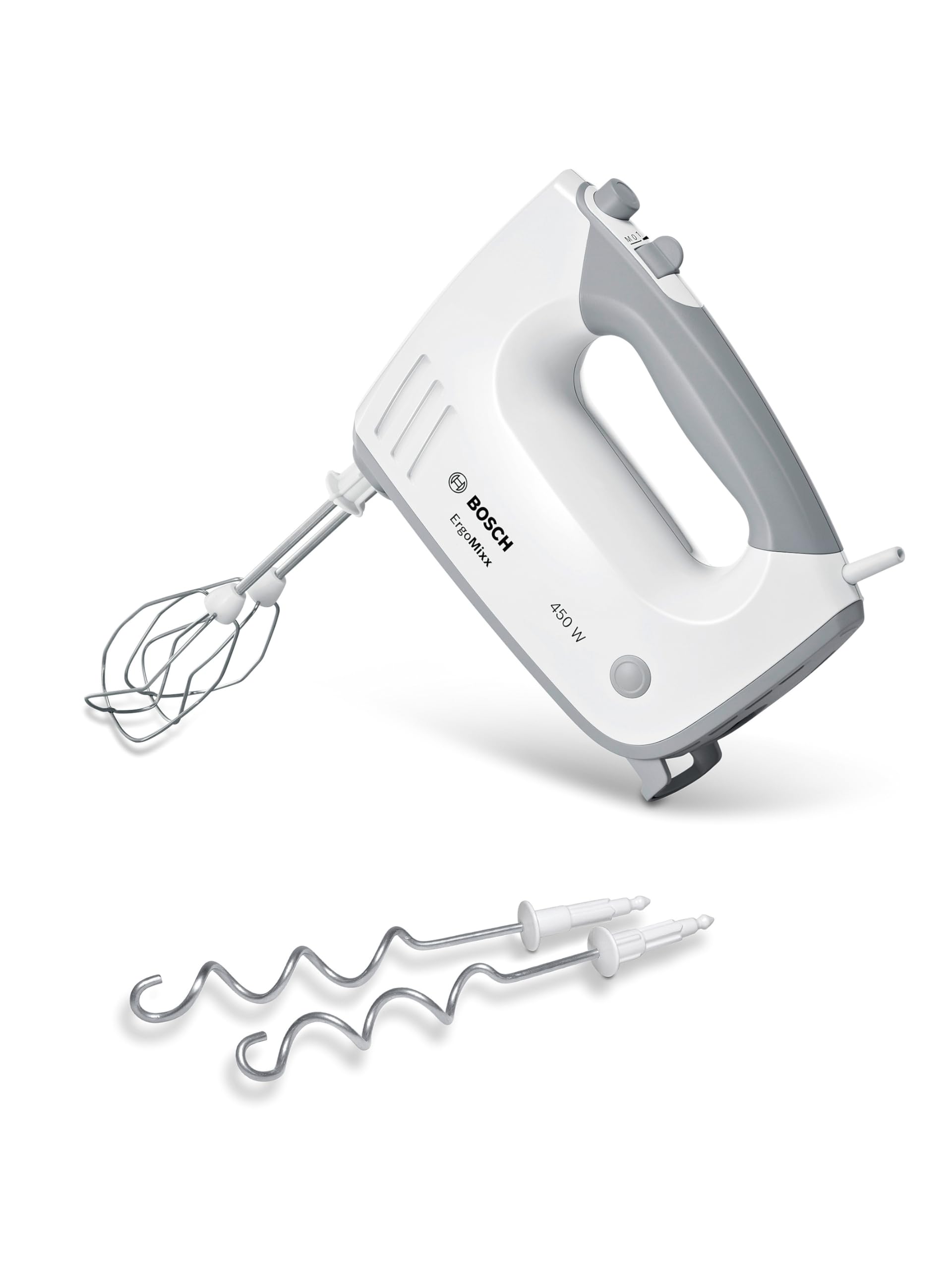 Bosch Handrührer ErgoMixx MFQ36400, 2 Rührbesen, 2 Edelstahl-Knethaken, spülmaschinengeeignet, 5 Stufen plus Turbostufe, 450 W, weiß