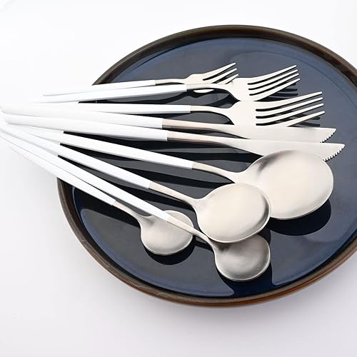 Miniatura 2 de Gugrida Cubiertos de plata blanca pulida mate, diseño ligero, 36 piezas de acero inoxidable, juego de cubiertos para 6 incluyendo tenedores,