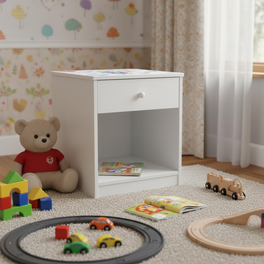 Leomark Chevet avec Un Tiroir Petite Commode de Nuit pour Enfant Blanc Table de Nuit casier avec 1 tiroir et 1 Niche Hauteur 40 cm Motif Licorne
