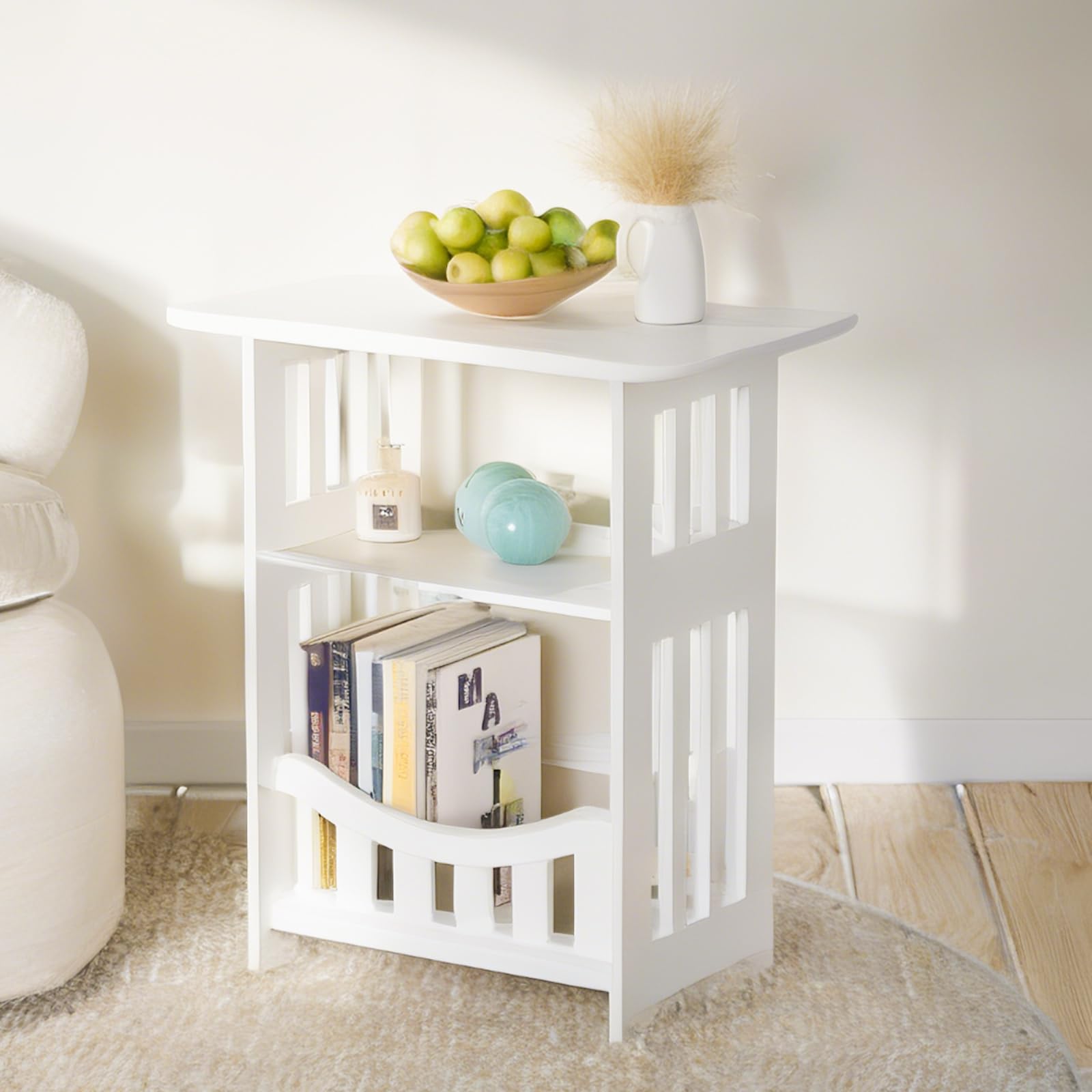 powerking Mesa auxiliar blanca de 3 niveles, mesita de noche pequeña con cesta de almacenamiento, estante de almacenamiento delgado para sala de estar, dormitorio, baño, oficina, balcón, pasillo