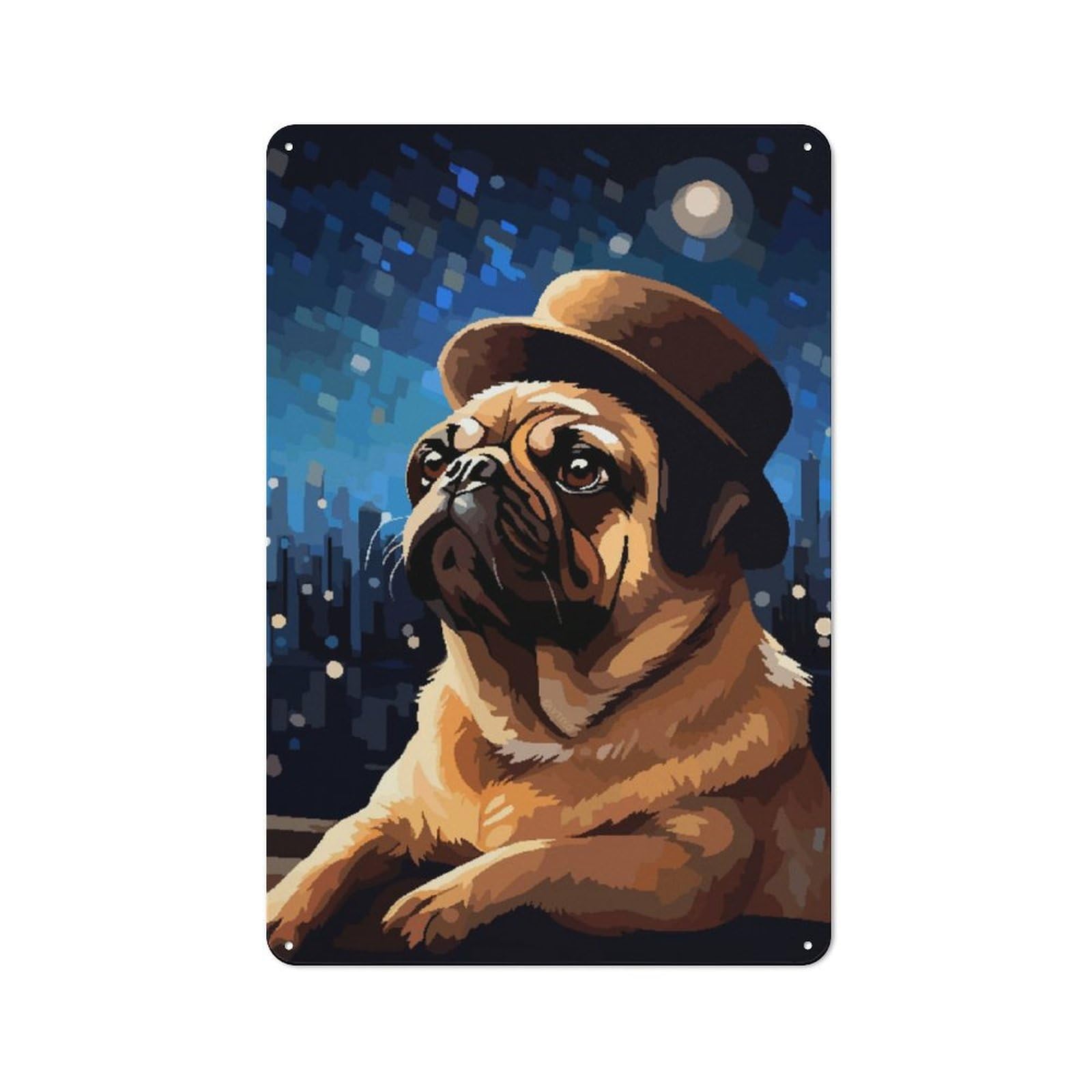 Junmoney Cute Pug Hat Pixel Art 30X20cm Retro Printed Metal Sign With For Workshop Wall, For Vintage Wall Decor Fans, For Themed Room Decoration