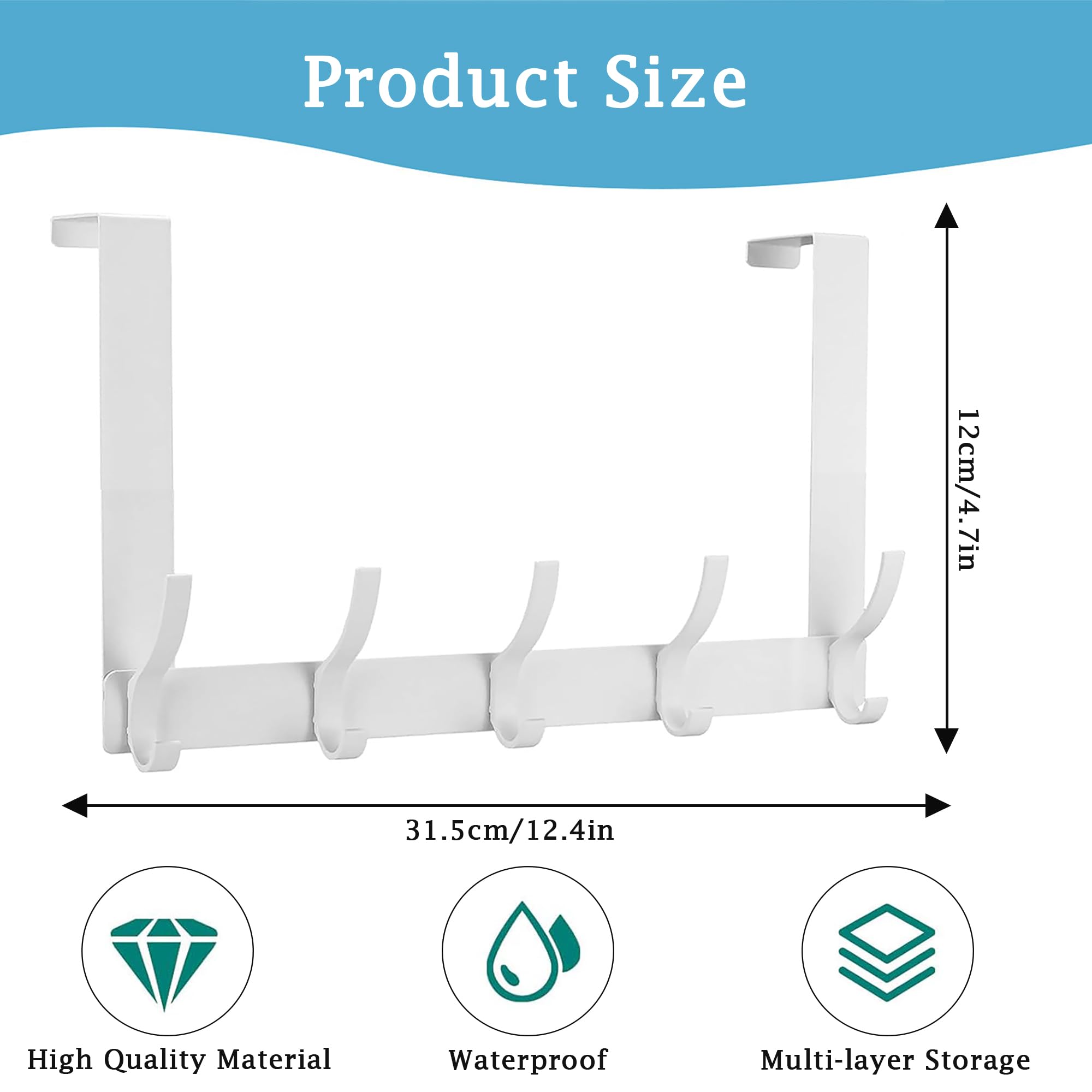 Over Door Hanger with 5 Hooks, Heavy Duty Door Hooks for Coat Towel, Keys and Bag,Storage Space Saving for Bathroom Bedroom - Image 2