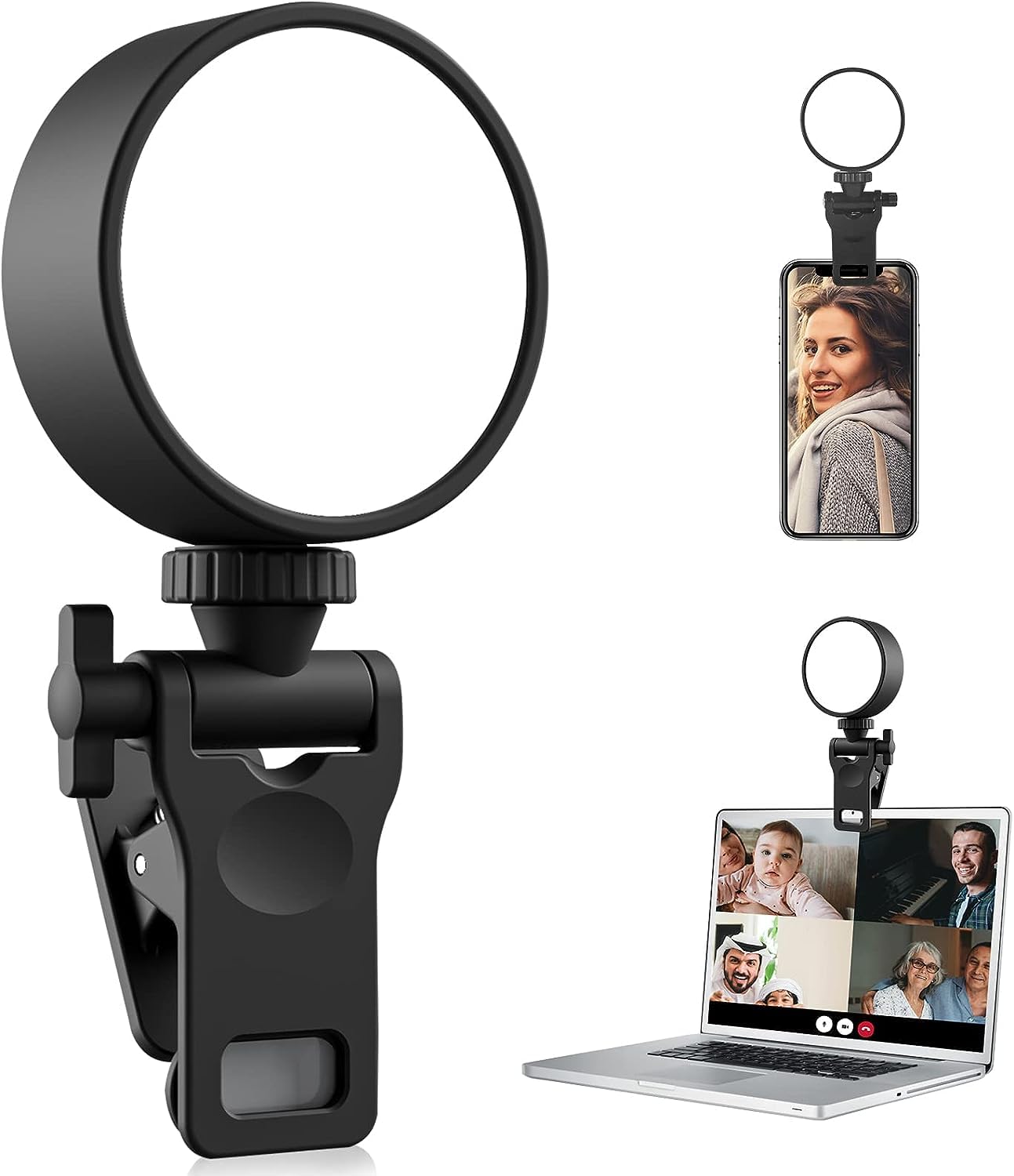 LucaSng 60 LED Selfie Light Rechargeable Phone Ring Light with Adjustable 3 Light Modes, Portable Clip-on Selfie Light for iPhone, Phone, Laptop, Camera, Selfie, Zoom Calls, Video Conference (Black)