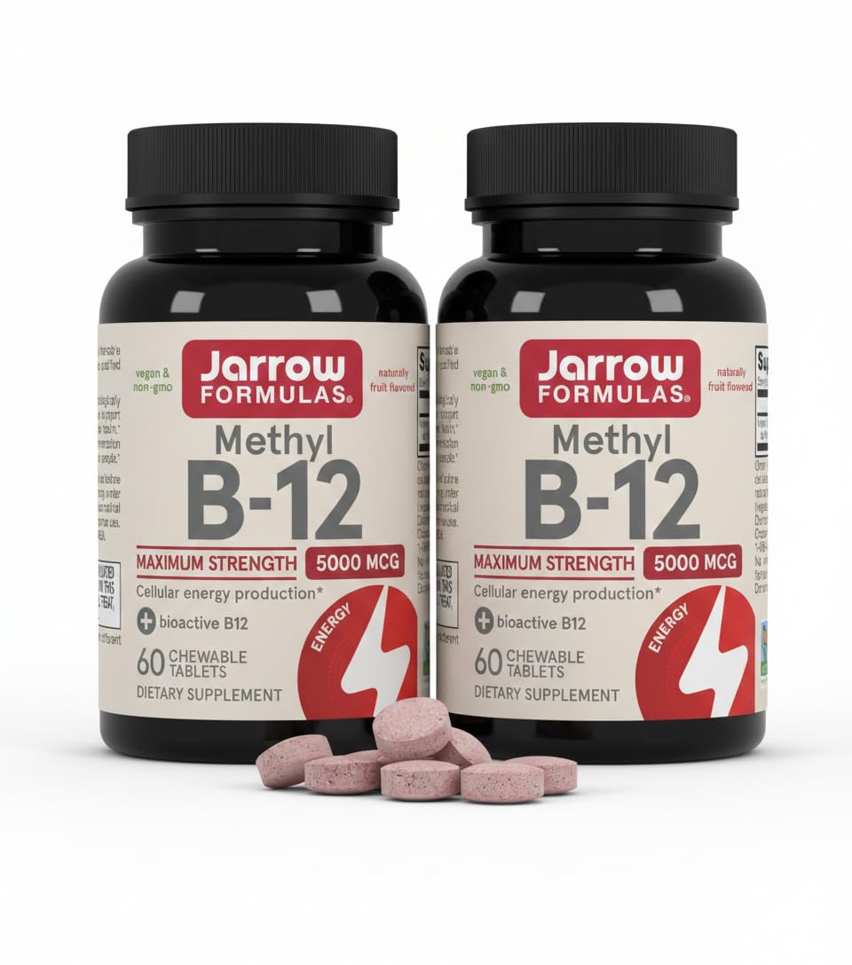 Jarrow Formulas Methyl Vitamin B12 5000 mcg - 60 Chewable Tablets, Naturally Fruit Flavored- B12 Vitamin, Brain Health & Metabolism - 60 Servings (Pack of 2) 60 Count (Pack of 2)