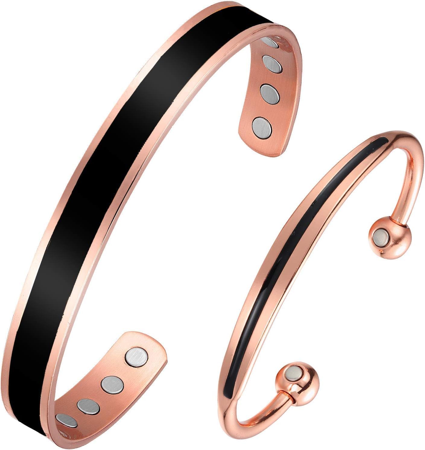 Copper Bracelets for Women Men, 99.99% Pure Magnetic Therapy Cuff for Couples, Adjustable 2Pcs Set with 8 Magnets Therapy Cuff Jewelry Gift (COPPER&BLACK)