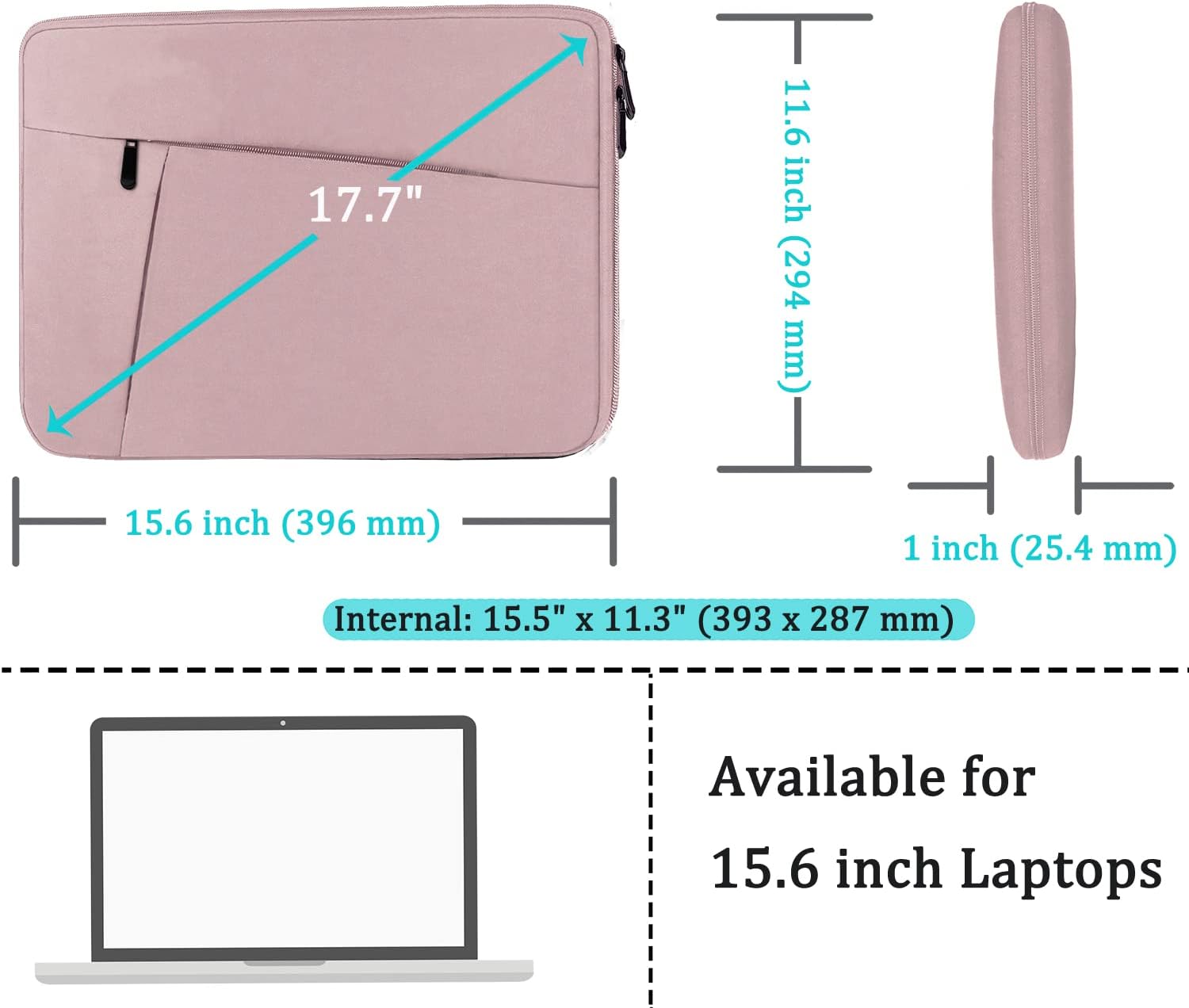 Laptop Sleeve, Laptop Case 15.6 inch, Durable Shockproof Protective Computer Carrying Cover with Front Pocket, Briefcase Handbags Laptop Sleeve Bag for 15.6 inch HP, Dell, Acer, Asus, Notebook, Pink