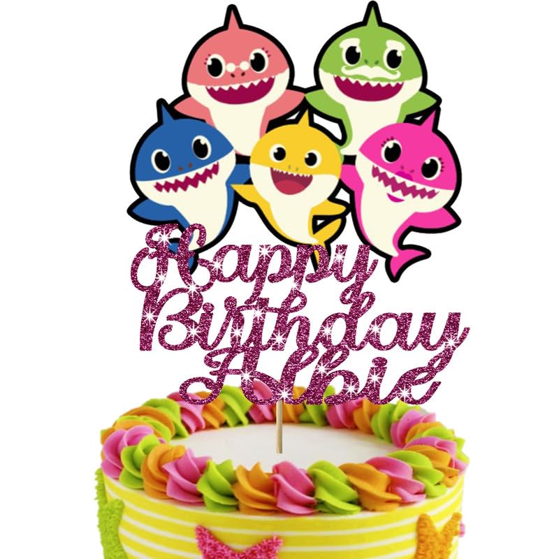 Personalised Glitter Shark Cake Topper with Any Name (Pink)