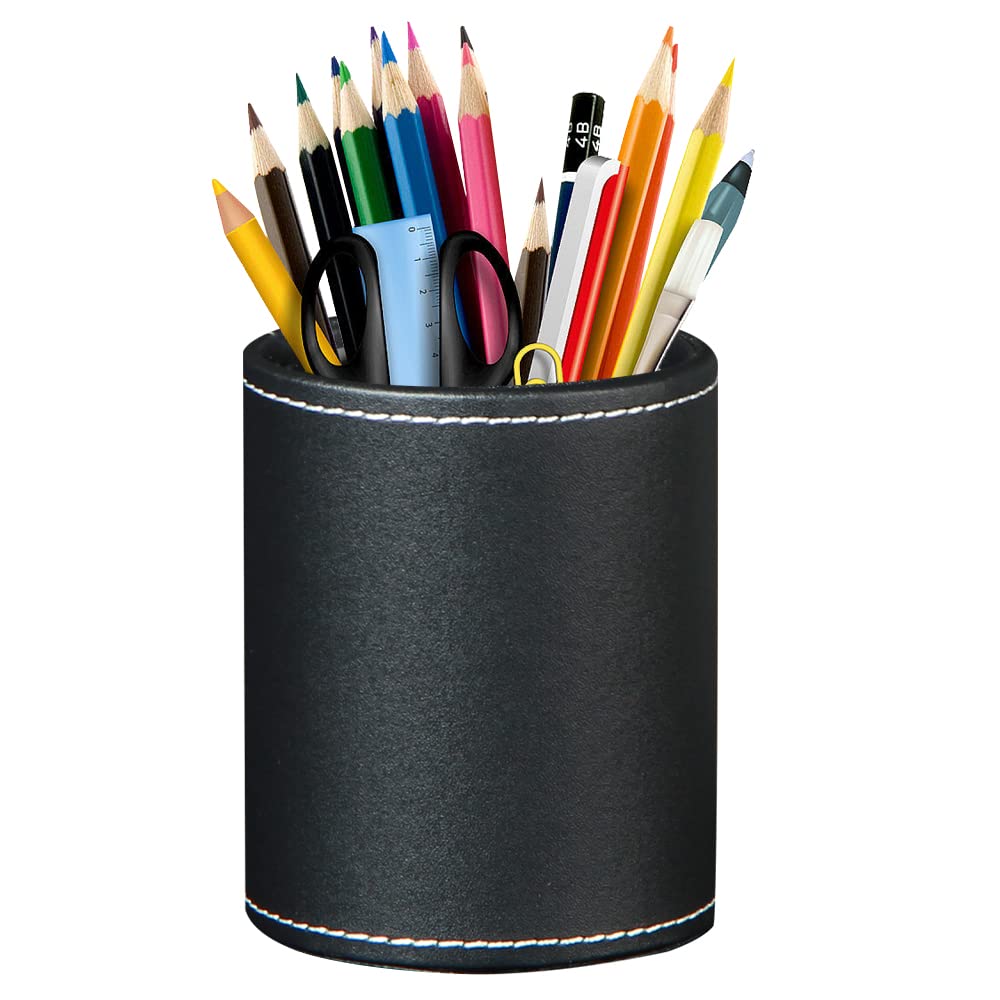 BIBELUN Pen Holder for Desk Cute, Desk Organizers and Workspace Accessories Storage, Pencil Holder Cup for Makeup Brush/Art Supplies/Stationery, Decorative Aesthetic Office Organization, PU Leather