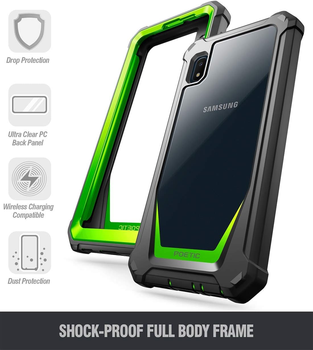 Poetic Galaxy A10E Rugged Clear Case, Full-Body Hybrid Shockproof Bumper Cover, Built-in-Screen Protector, Guardian Series, Case for Samsung Galaxy A10E (2019 Release), Green/Clear