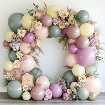 Dusty Green Pink Yellow Balloon Garland Double Stuffed Pastel Pink Yellow Haze Purple Green Floral Pastel Balloons Arch Kit for Birthday Wild Flower Tea Baby Shower Garden Party Decoration