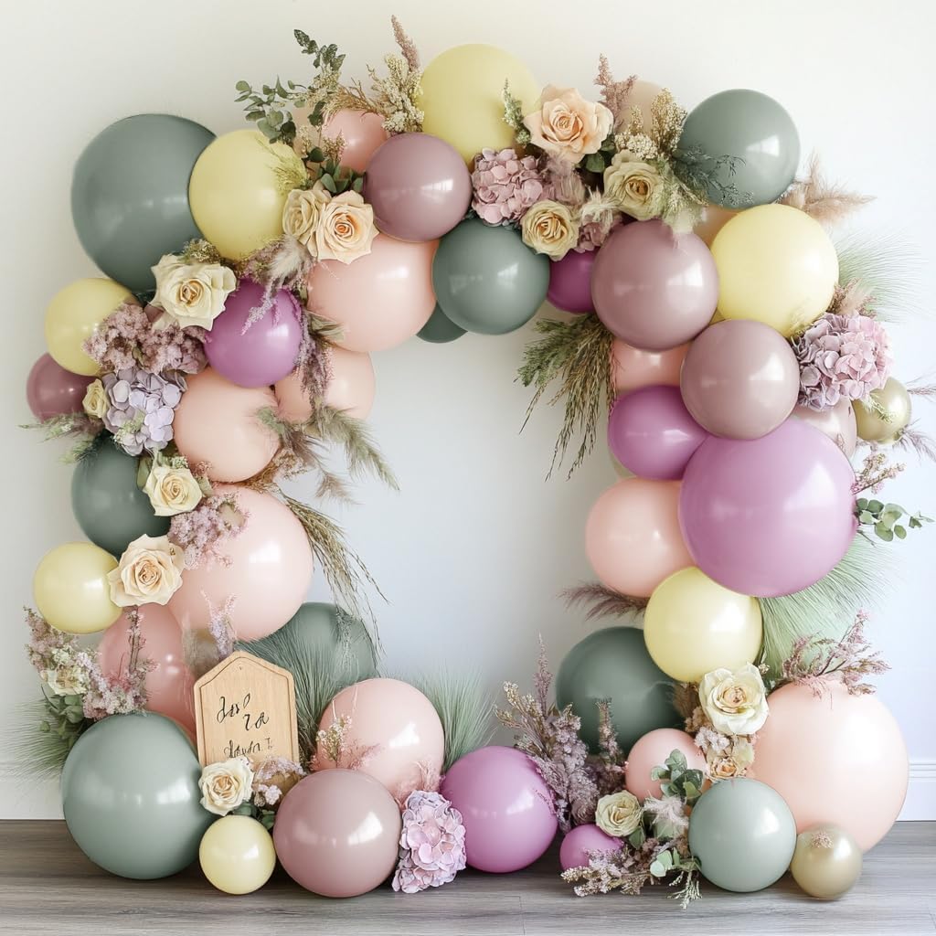 Dusty Green Pink Yellow Balloon Garland Double Stuffed Pastel Pink Yellow Haze Purple Green Floral Pastel Balloons Arch Kit for Birthday Wild Flower Tea Baby Shower Garden Party Decoration
