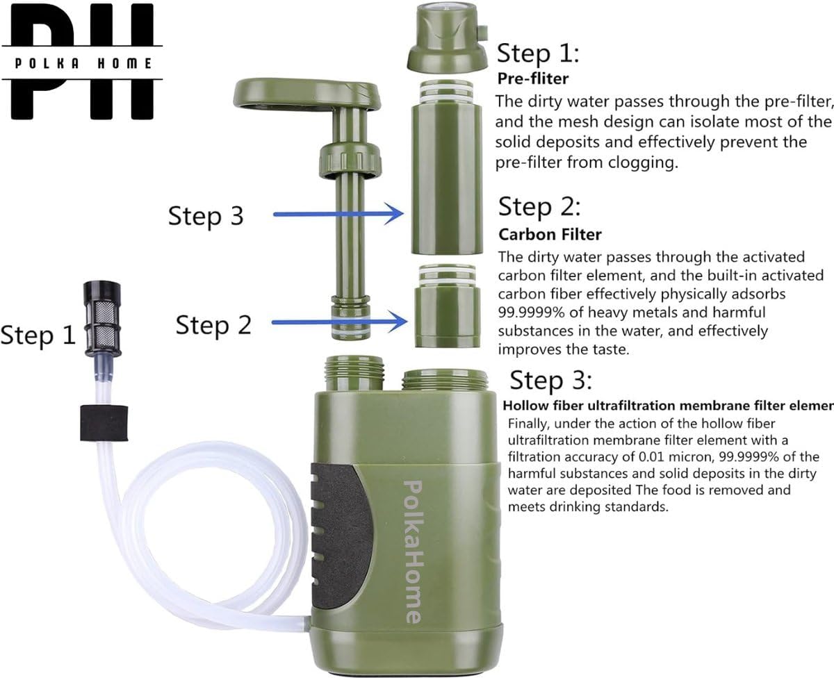 Filtro de agua de supervivencia – Filtro de agua portátil al aire libre para camping, senderismo y emergencias – Kit de supervivencia con filtro de repuesto