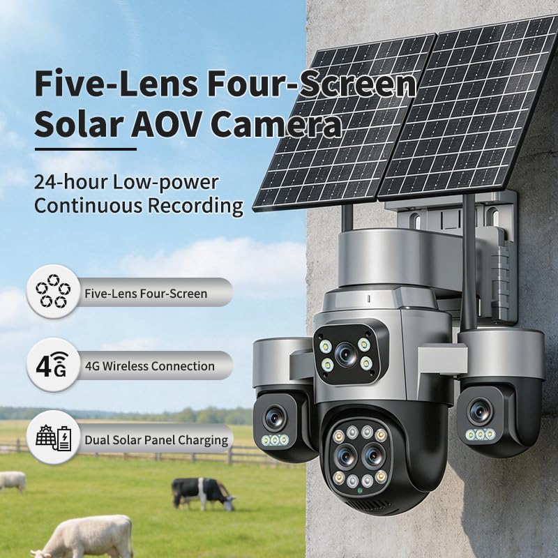 Image of 4 Lens 4 Screen AOV Solar CCTV Dual Solar (24*7 Continuous Recording)3 PTZ| 4+4+4+4MP With 18X Zoom| 4G SIM Security Camera Outdoor Use | 2-Way Talk | Night Vision | Waterproof| Surveillance|