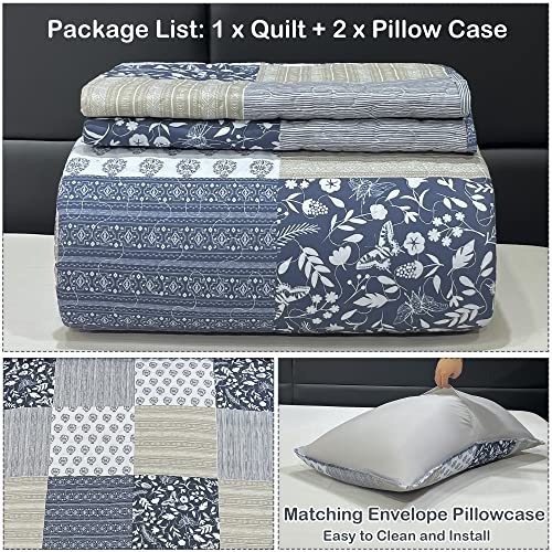 Grey Patchwork Quilt Set Full Queen Size Floral Plaid Reversible Quilted Bedspread Coverlet 3-Piece Lightweight Comforter Stitched Bedding Set Bed Sheet Set Cover Blanket With 2 Pillow Shams #TOP4