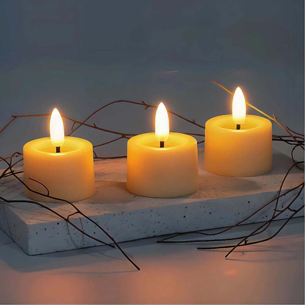 Simplelight Amber Tea Lights Candles Battery Operated – LED Tea Lights with Timer, Pack of 12 Realistic Black Wick Fall Candles for Pumpkin, Halloween, Christmas, Battery Included (Amber)