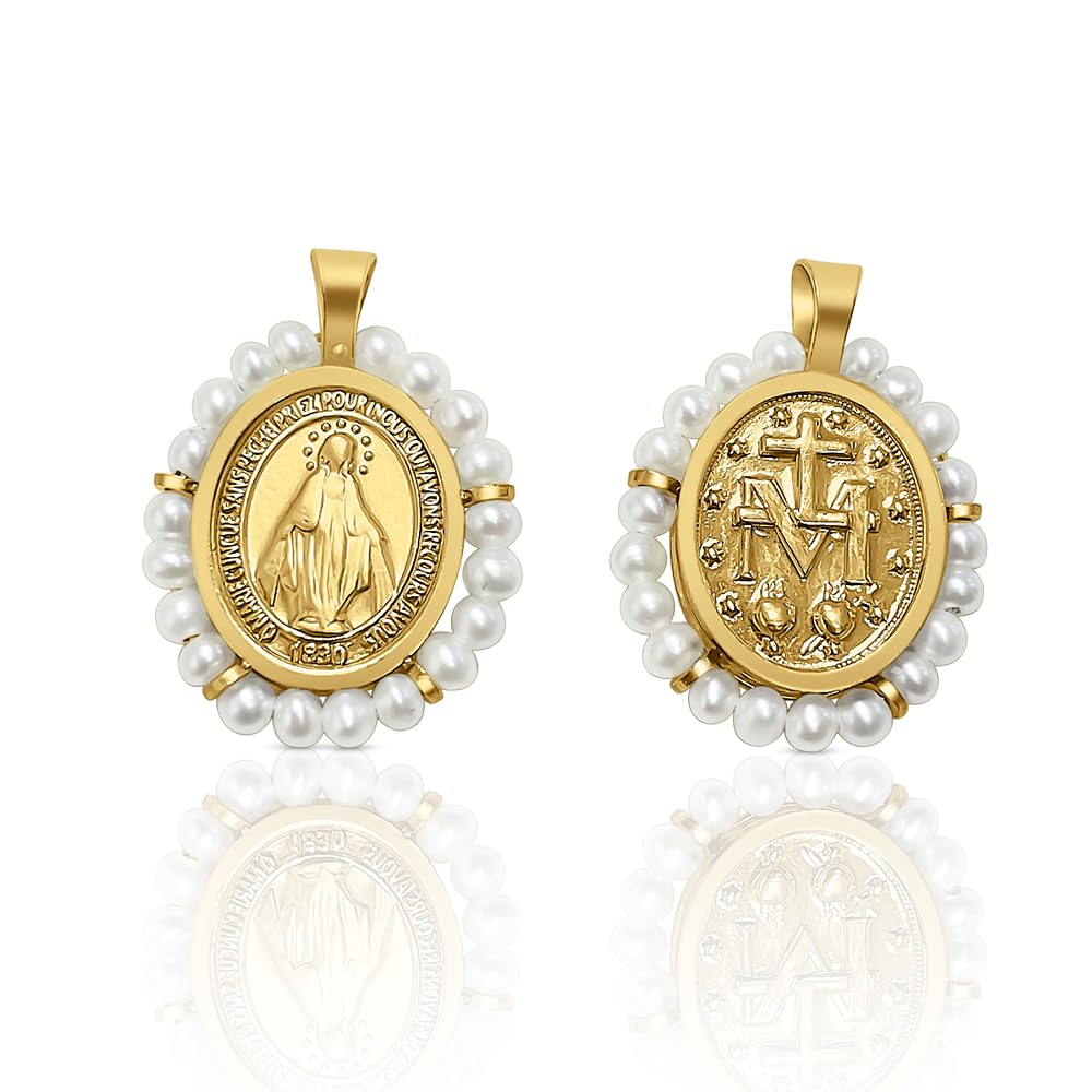 Medalla colgante oro ley milagrosa con perlas cultivadas comunión niña mujer, 15x17 mm