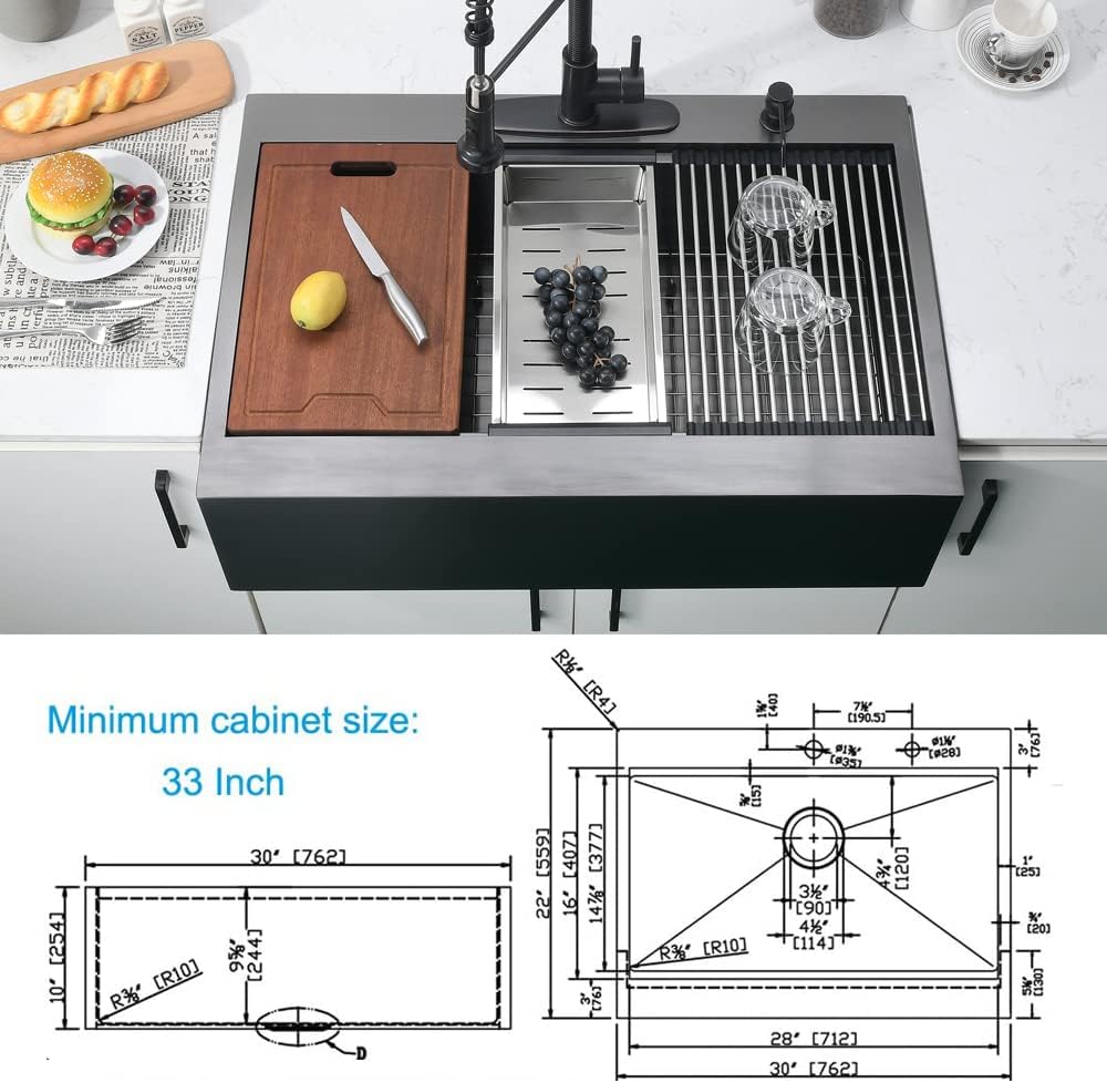 30 Inch Black Drop In Farmhouse Sink Workstation-Bokaiya 30 x 22 Black Stainless Steel Farmhouse Sink Top Mount Ledge Workstation 16 Gauge Single Bowl Drop In Kitchen Sink with Cutting Board
