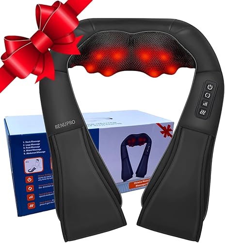 RENUPRO Masajeador de cuello y espalda estilo Shiatsu con calor relajante, dispositivo eléctrico de masaje de tejido profundo para hombros, piernas,