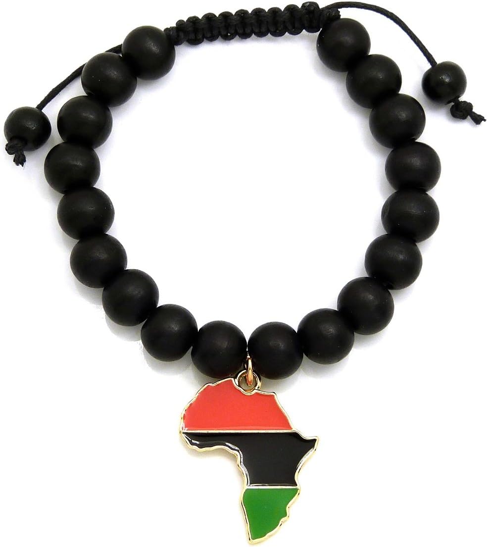 CBC Crown Pan African Colored Africa Map Continent Charm with Egyptian Symbols Adjustable Wooden Bead Bracelet