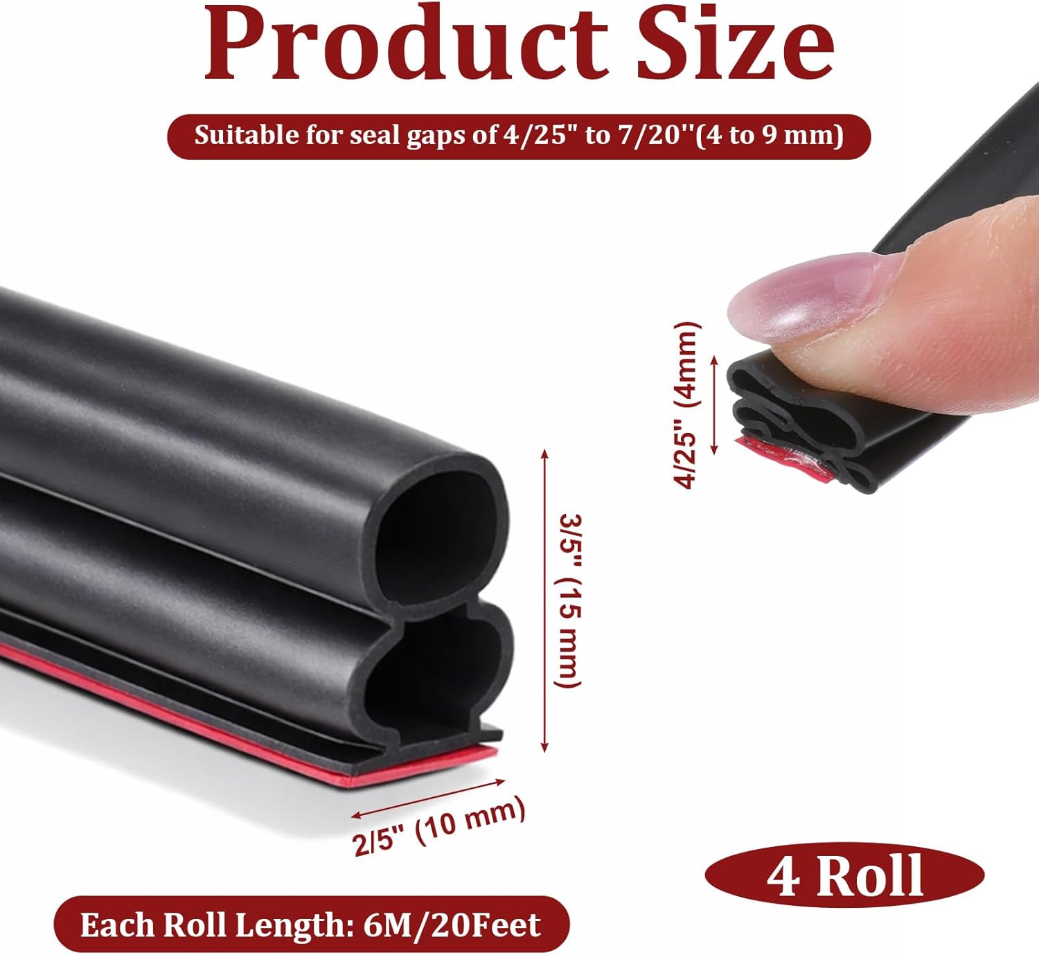 80 Ft Rubber Door Weather Stripping Door Seal Large Gap, Self-Adhesive Extra Thick D-Shape Doors Seal Strip for Frame Doors Insulation Strip Soundproofing, Easy Cut to Size(Black, 4 Rolls)