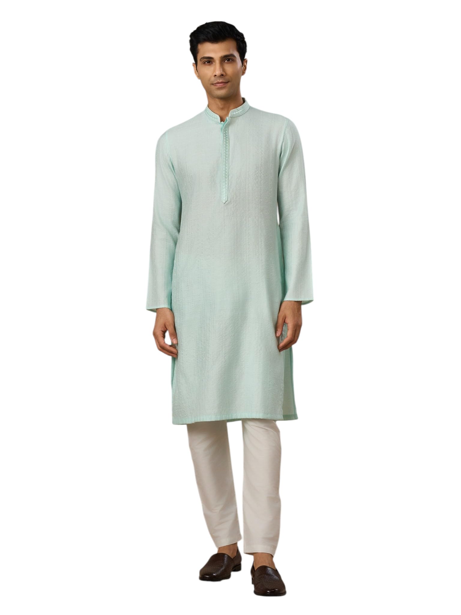 manyavar Men's Blended Viscose Embroidered Knee-Length Kurta Pyjama Set (2pcs)-picture-20
