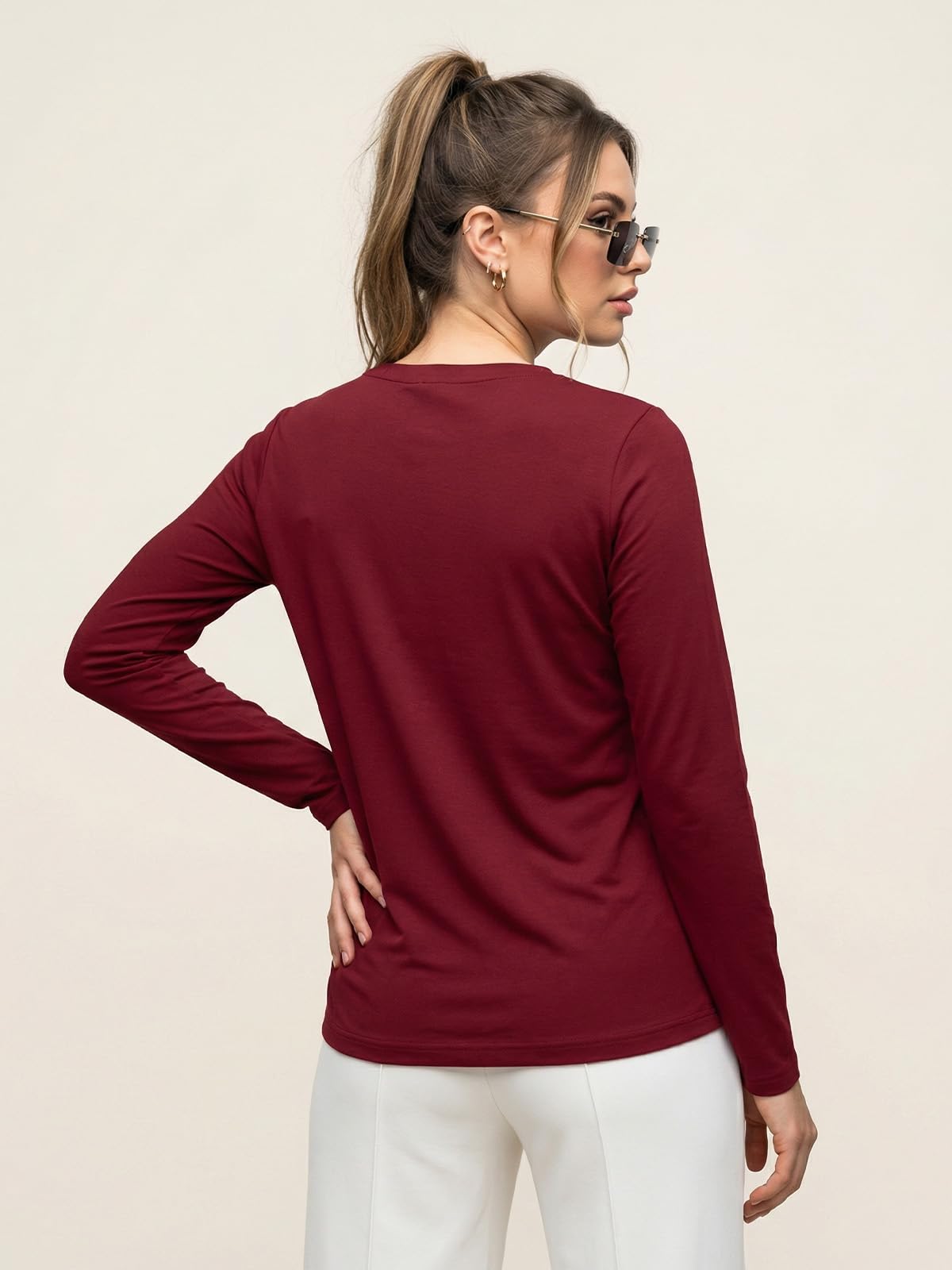 JUNEBERRY Maglietta a maniche lunghe girocollo in puro cotone per donne e ragazze (colori: nero, sughero, verde, blu navy, bianco cigno, bianco)