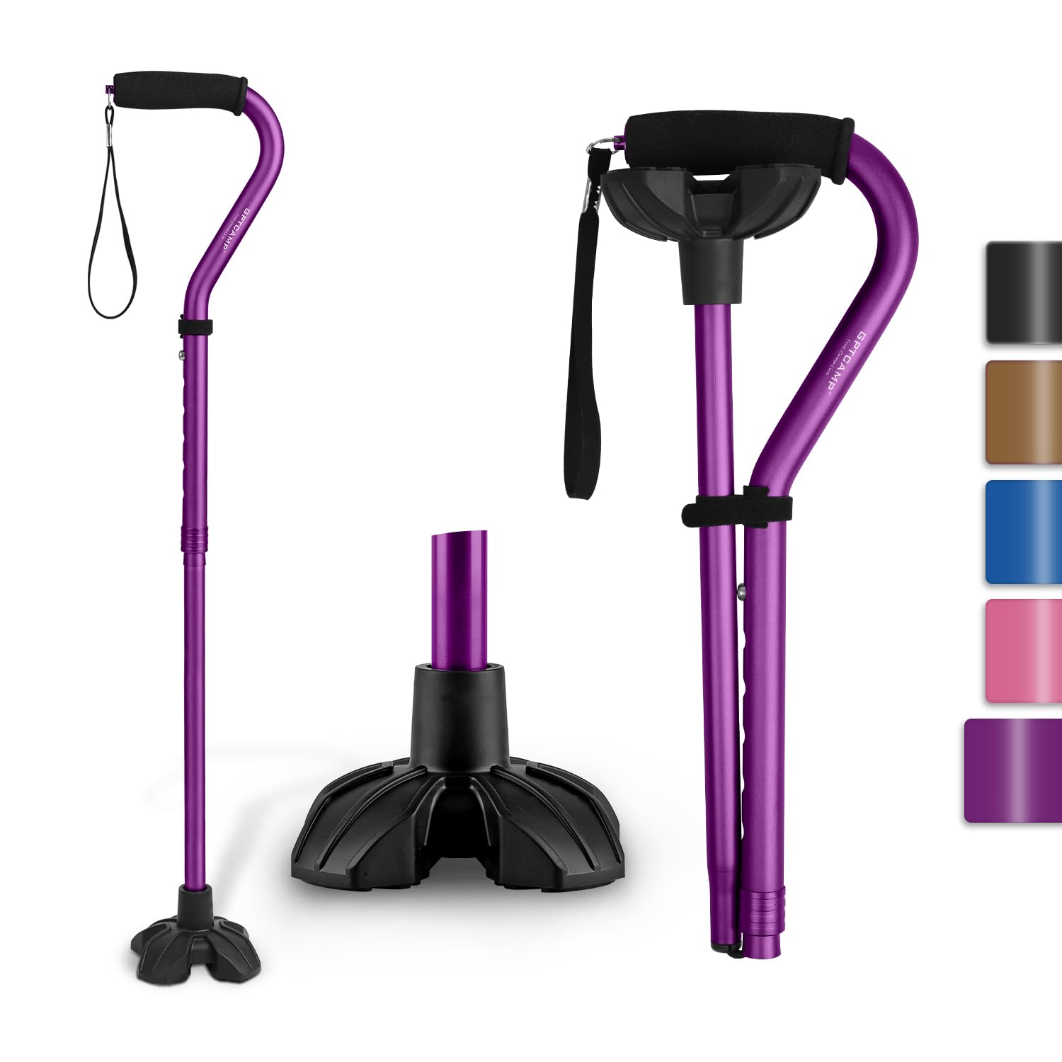 GPTCAMP G1 Walking Stick, Walking Cane for Women & Men with Wrist Strap, Lightweight & Sturdy Offset EVA Handle, Large Quad Base, Self Standing for Seniors and People with Injuries & Recovery