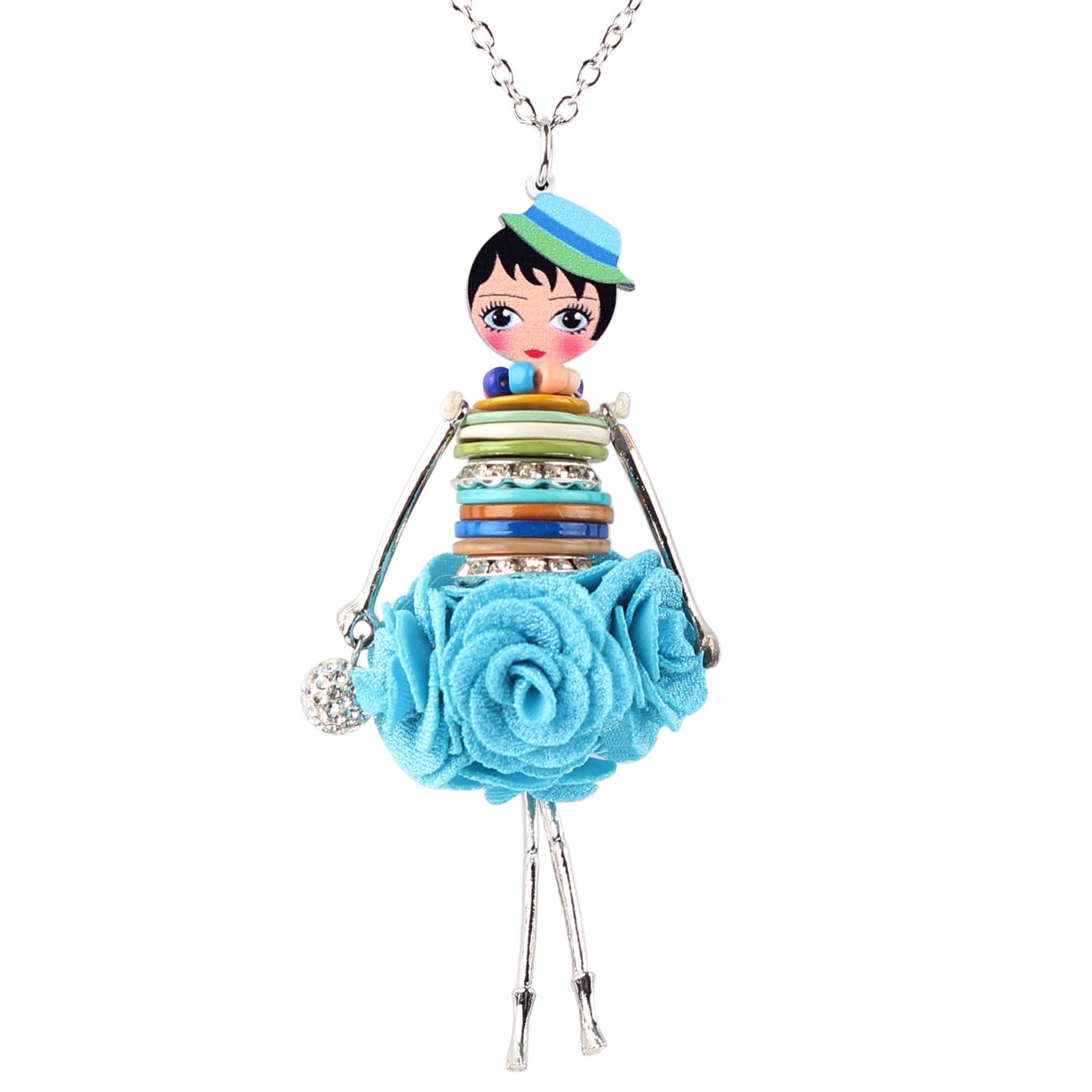 BONSNY Handmade Paris Doll Necklace with Floral Flower Fabric Dress,Natural freshwater shells Botton for Body, Crystal Rhinestone Charm, Statement