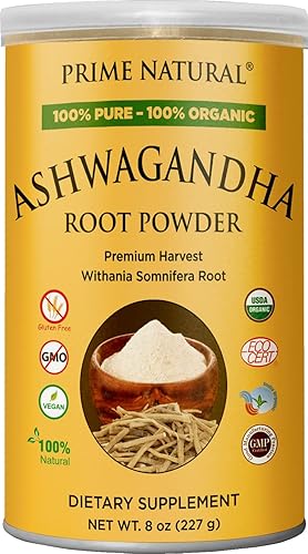 PRIME NATURAL Polvo de raíz de ashwagandha orgánica de 8 onzas Adaptógeno ayurvédico para calma, vitalidad, aumenta la energía, la resistencia