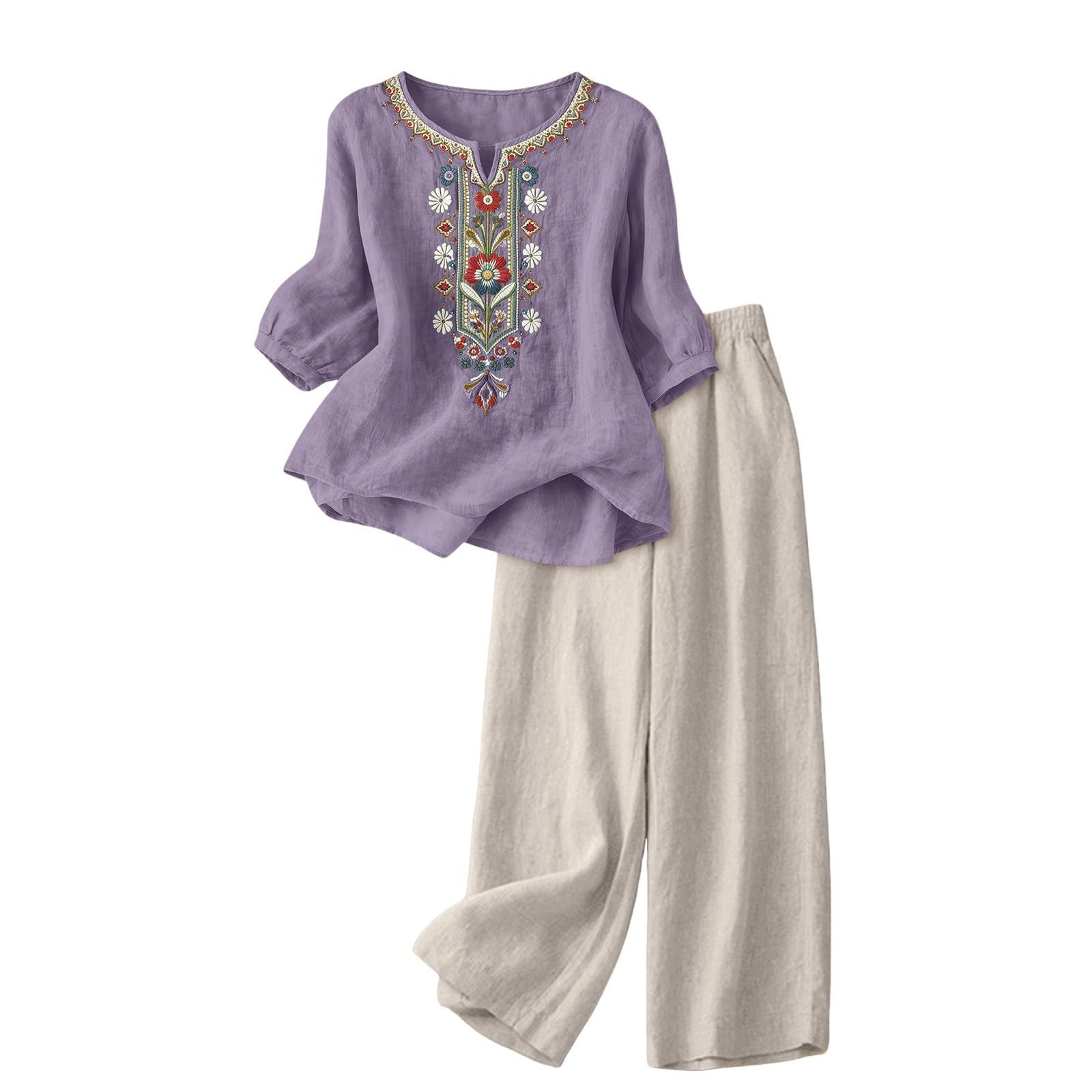 riou Conjunto Mujer Verano 2 Piezas Original Moda Algodon y Lino Traje de Primavera Ligero Chándal Blusa Manga 3/4 Pantalones Ropa de Playa Vacaciones Deportivo Casa Trabajo M-3XL