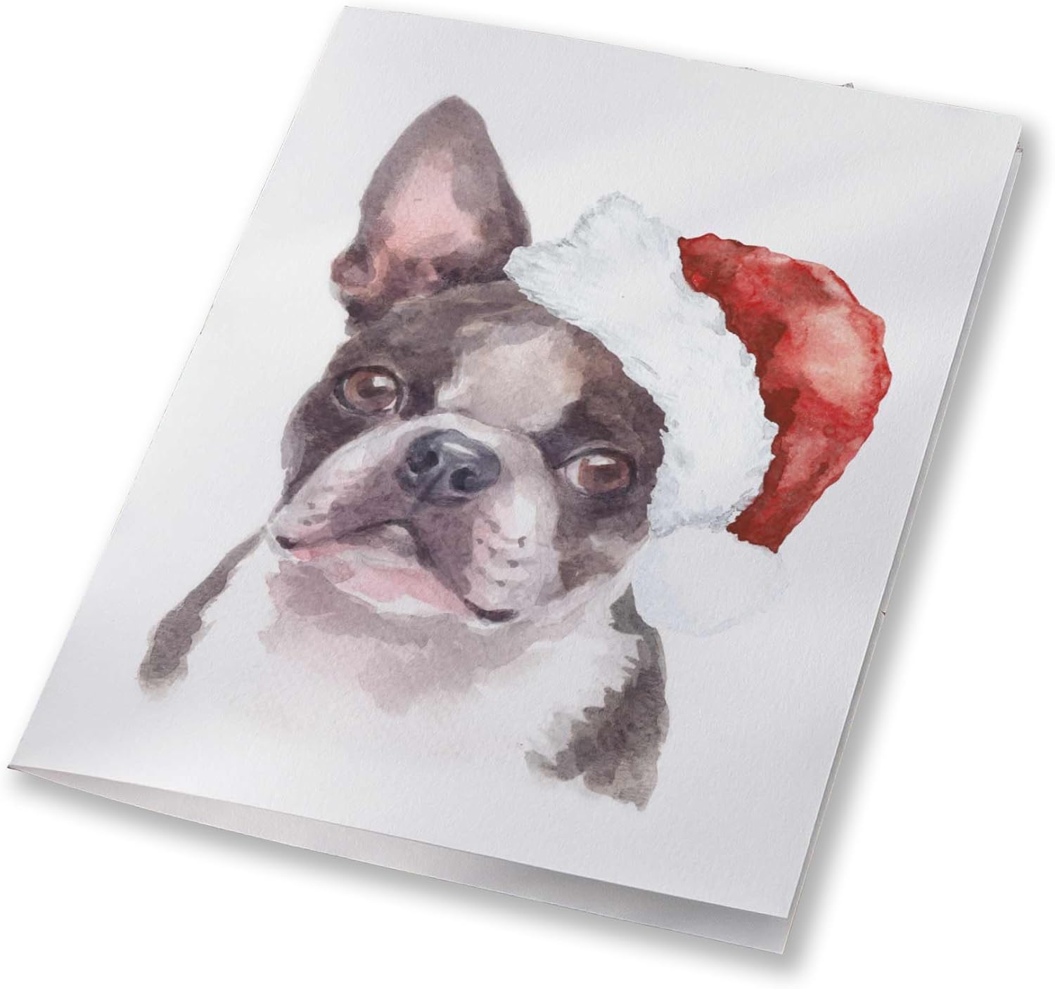 Ritzy Rose Set of 24 Christmas Boston Terrier Greeting Cards featuring Dog in Santa Hat + Envelopes