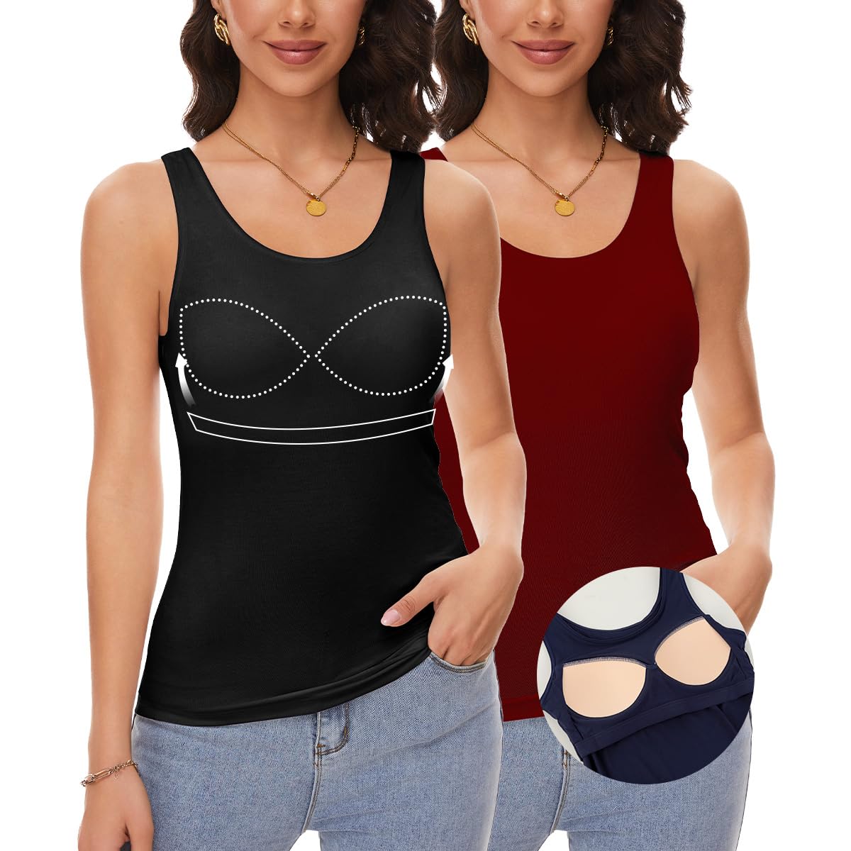 ANYFITTING Damen Unterhemd mit Integriertem BH Tank Top ärmellose Shirts Basic U-Ausschnitt Eingebauter BH Bügelloser Gepolstert Tank Tops Sommer Yoga S-3XL