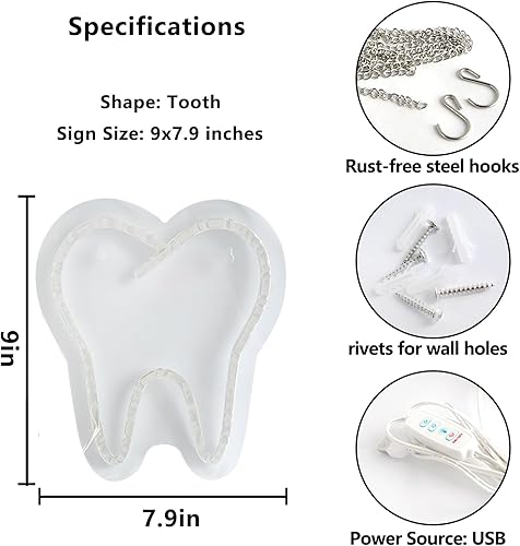 Miniatura 2 de Letrero de neón LED en forma de diente de 9 x 7.9 pulgadas, luz dental para decoración de clínica, oficina y dentista, arte de pared de sonrisa,