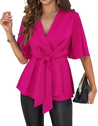 Womens V Neck Puff Sleeve Tie Knot Front Blouses Top Elastic Waist Ruched Ruffle Hem T-Shirt Summer Casual Top Shirt
