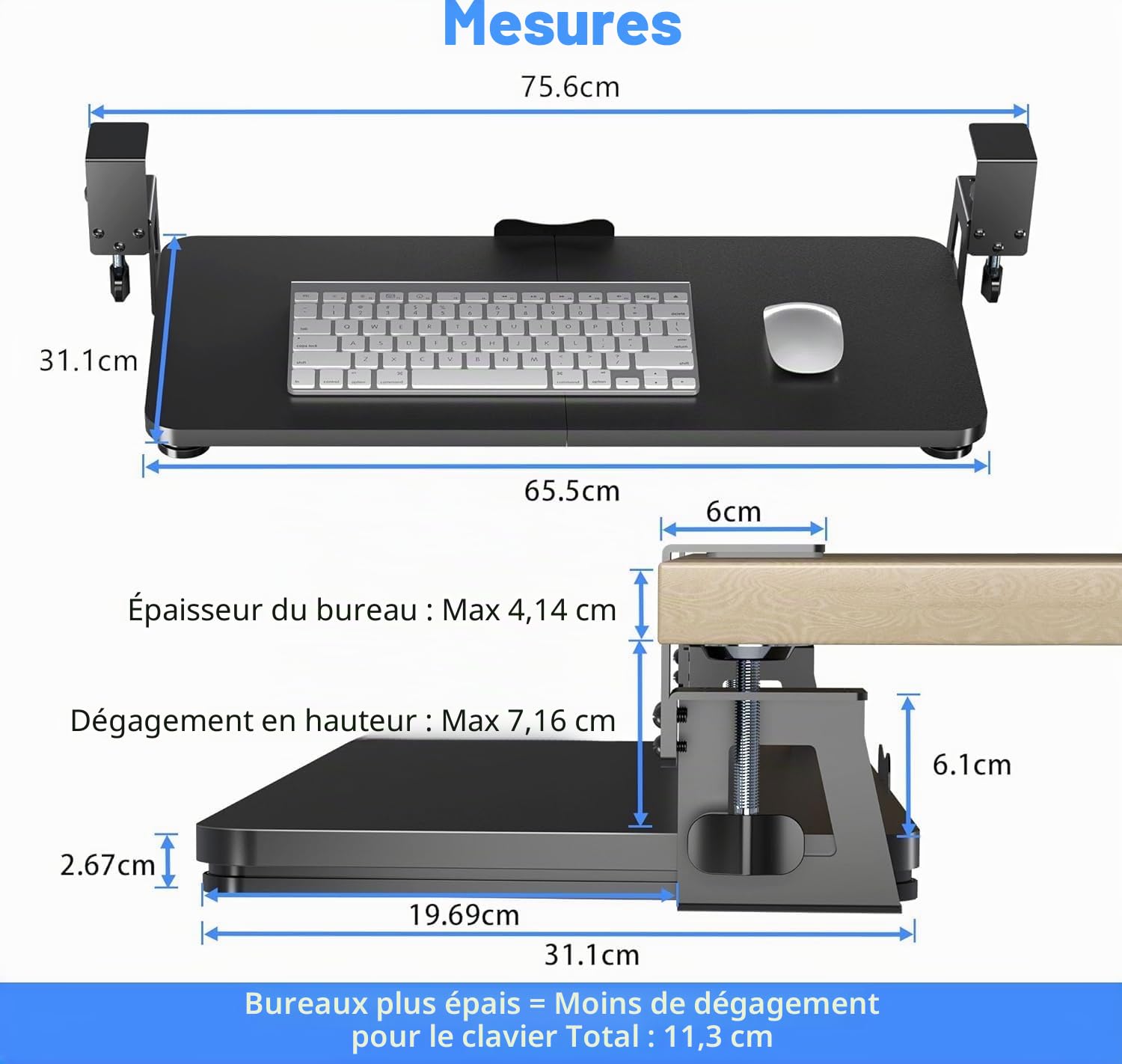 XINLEI Plateau de clavier sous le bureau - Grande pince en C - 65,5 cm (75,6 cm avec les pinces) x 31,1 cm Plateau coulissant pour clavier et souris DSF4 (75,6 cm)
