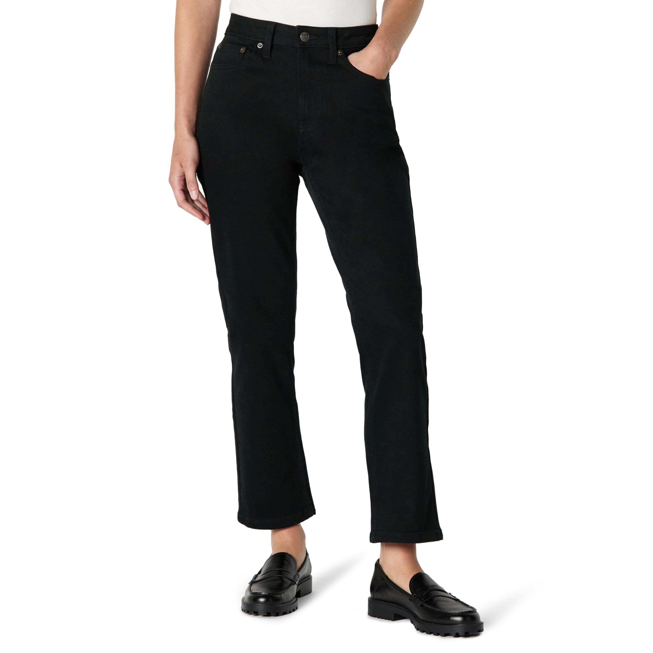 Amazon Essentials Damen Hoch Geschnittene Jeans mit Geradem Bein, 76,2cm Beininnenlänge, Schwarz, 36 Lang
