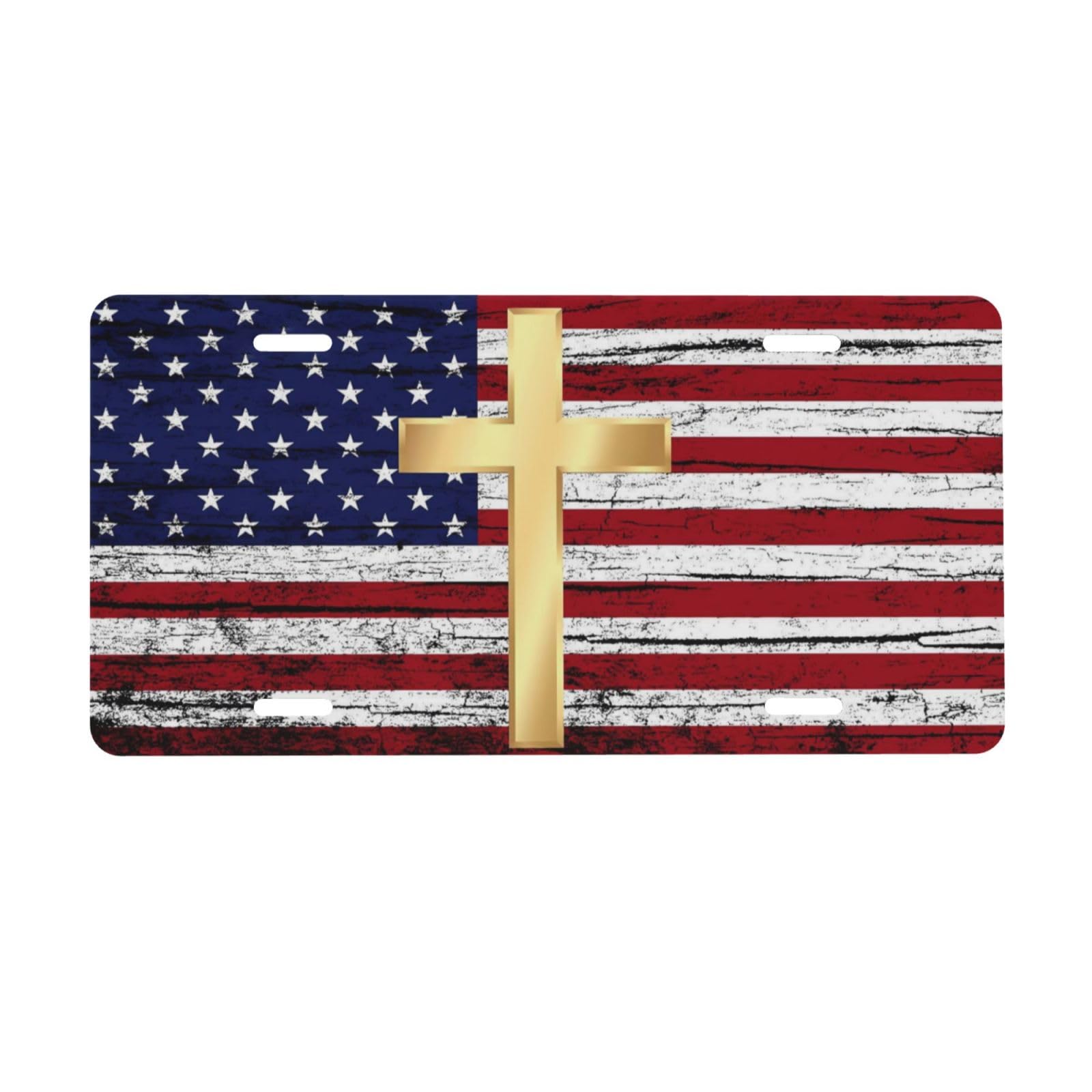 Vintage American Flag Golden Jesus Cross Aluminum License Plate 6 x 12 Inch Metal Car Front License Plate Cover Car Decor Accessory Novelty Vanity Decoration Tag with 4 Holes